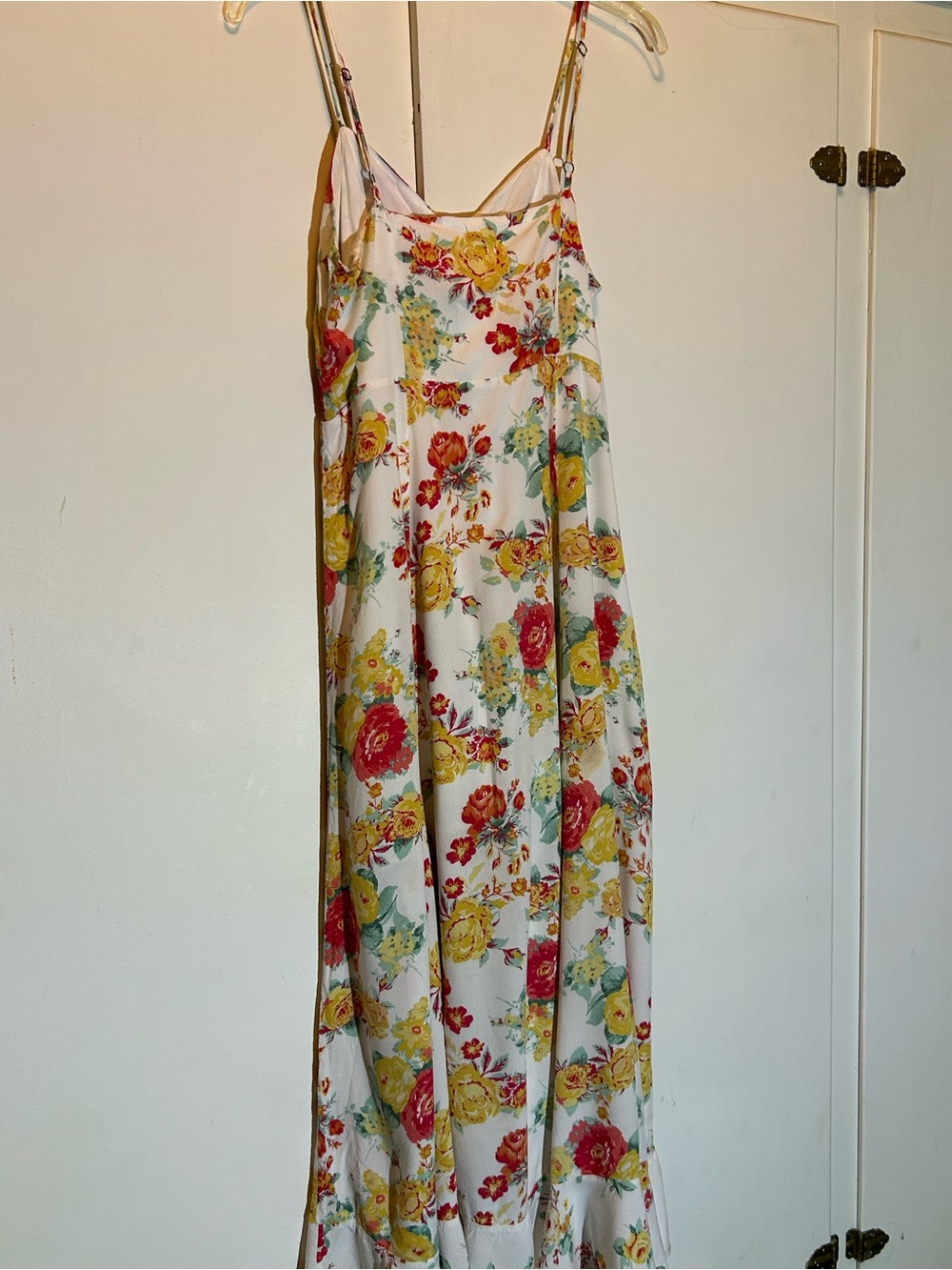 White Floral Spaghetti-Strap Maxi Dress with Red & Yellow Blooms - Picture 4 of 9